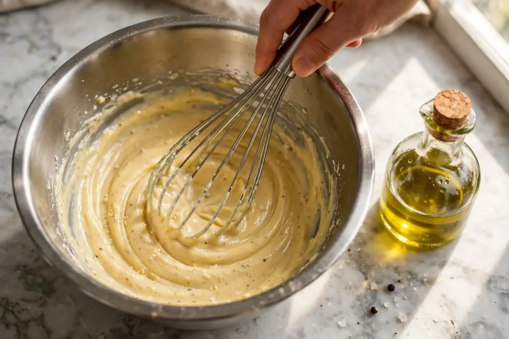 Homemade caesar dressing being whisked to a creamy consistency in a bowl — step in making caesar salad dressing