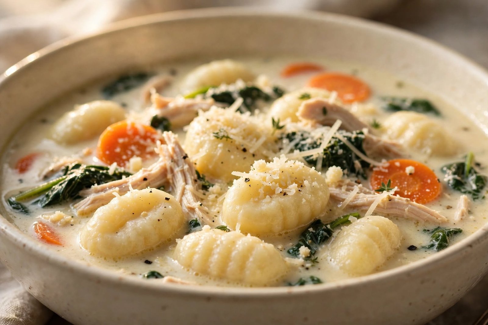 Chicken gnocchi soup in a rustic bowl topped with parmesan shavings and fresh thyme on a dark wood surface — chicken gnocchi soup recipe card