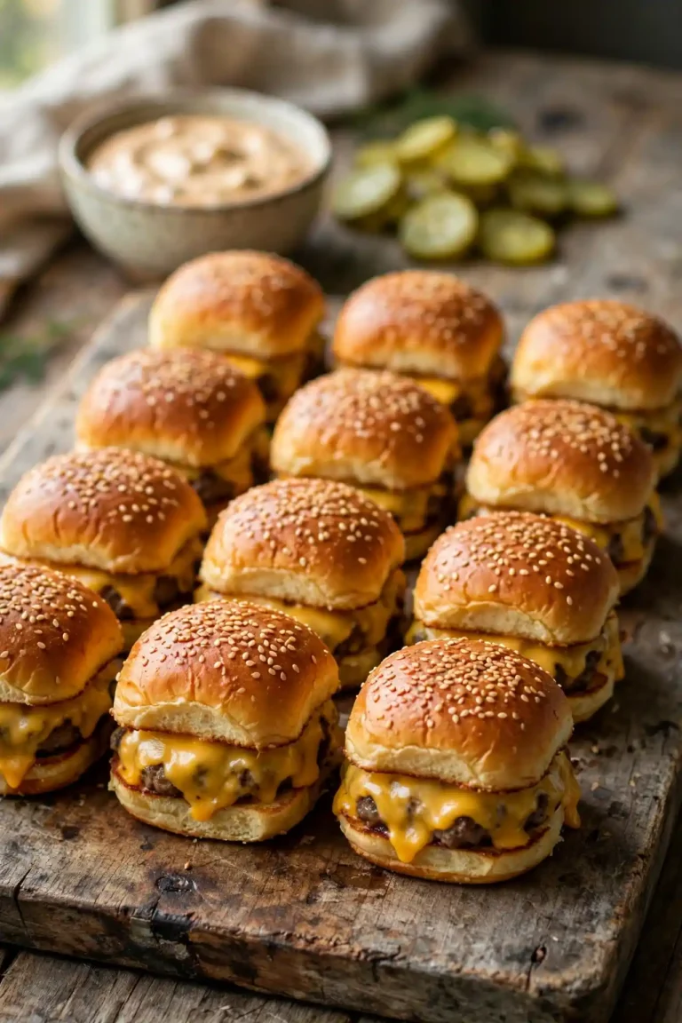 Cheeseburger sliders arranged on a wooden board with melted cheese and toasted sesame buns, natural light — cheeseburger sliders