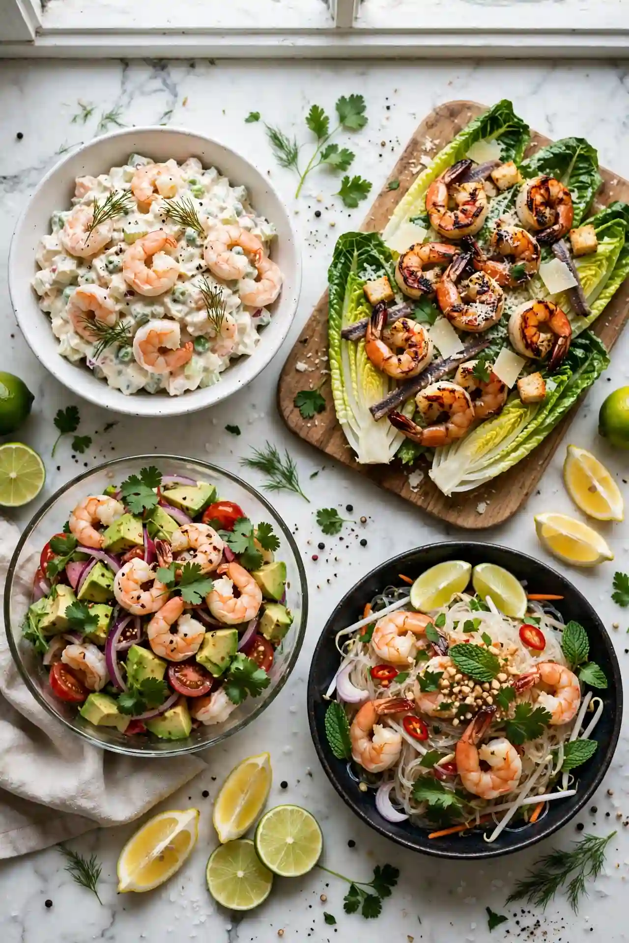 A spread of four shrimp salad varieties including classic mayo, grilled Caesar, avocado lime, and Thai glass noodle — shrimp salad recipe collection