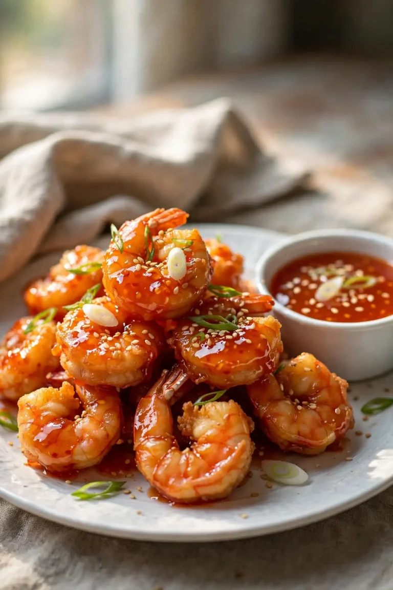 Crispy bang bang shrimp piled on a white plate with glossy sweet chili sauce and a small bowl of dipping sauce, garnished with green onion — bang bang shrimp recipe