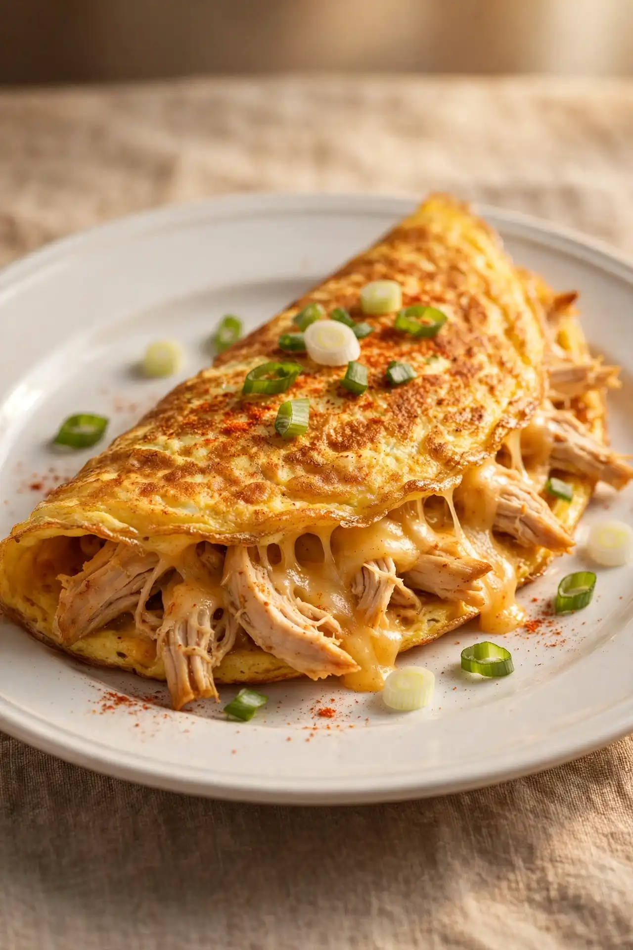 Chicken and cheese omelette with shredded chicken filling and melted cheese on a white plate — protein omelette recipe