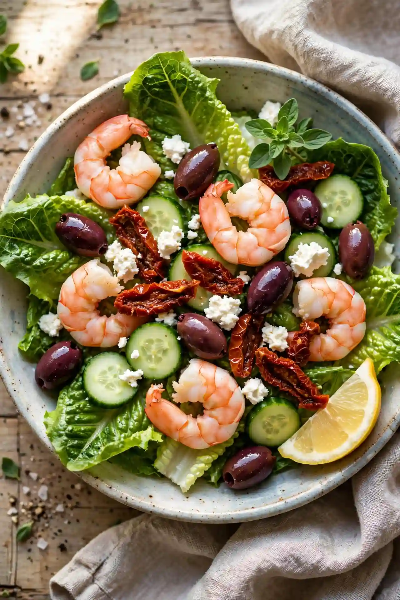 Mediterranean shrimp salad with olives, feta, and lemon vinaigrette on romaine — healthy shrimp salad recipe