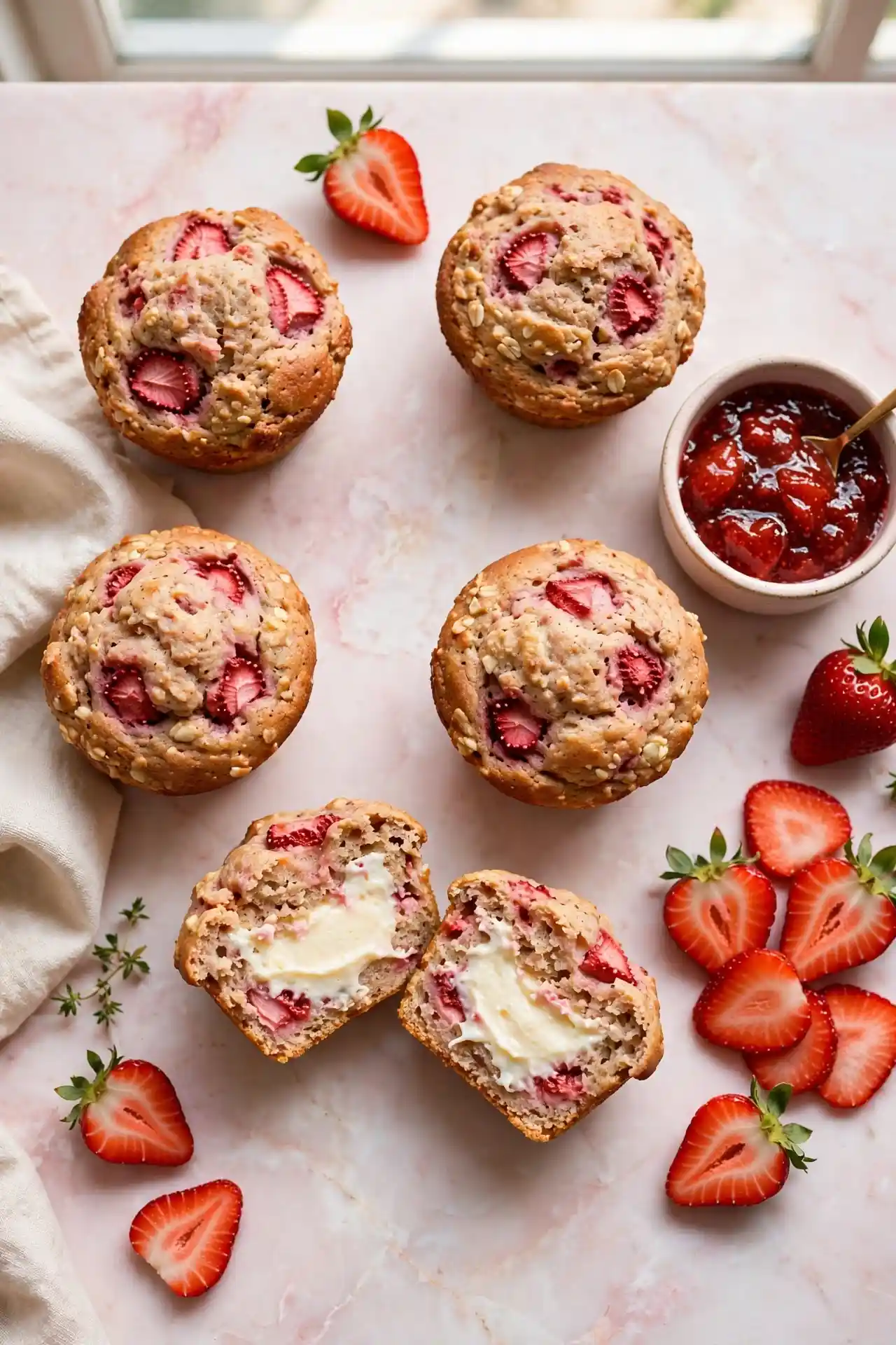 Strawberry cheesecake protein muffins with cream cheese filling and fresh strawberries — strawberry cheesecake protein muffins