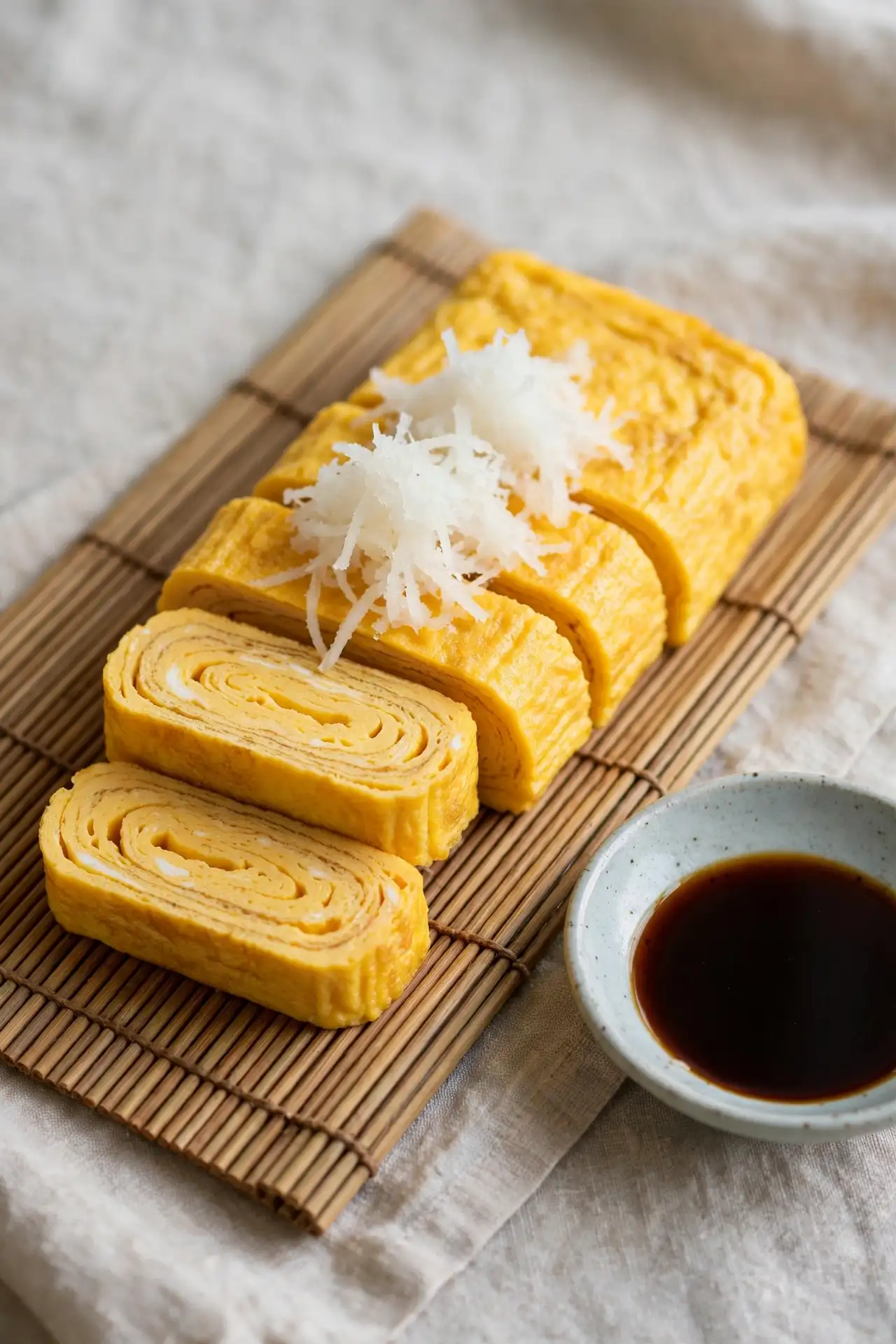 Japanese tamagoyaki sliced crosswise showing layered egg interior — Japanese rolled omelette recipe