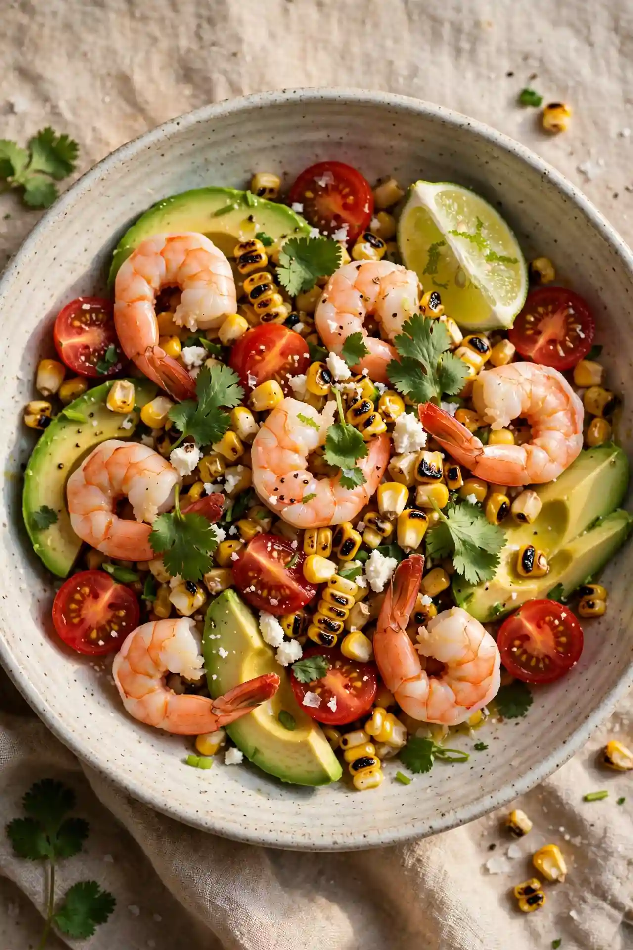 Shrimp corn salad with charred corn and avocado in a ceramic bowl — summer shrimp salad recipe