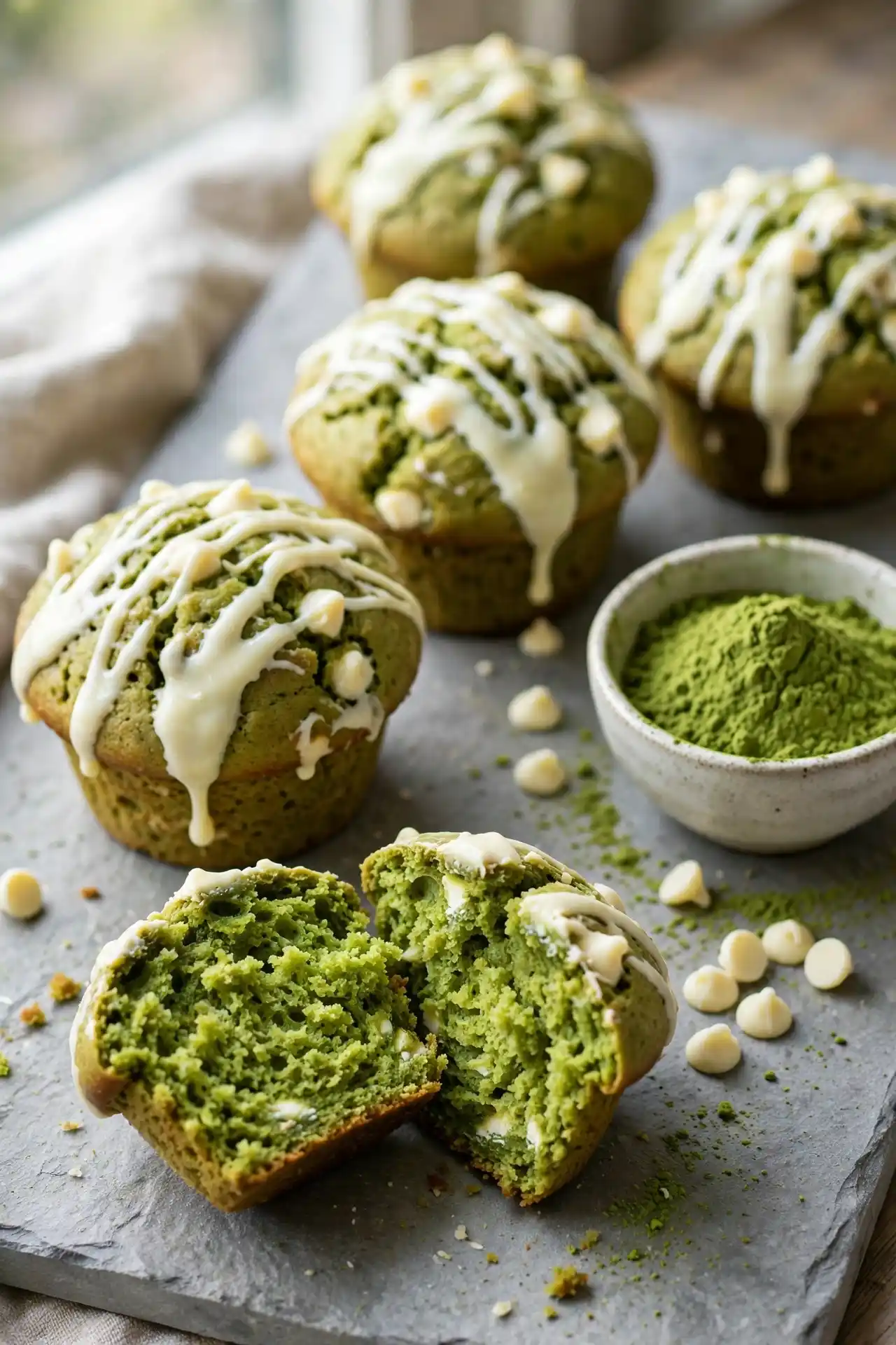 Matcha white chocolate protein muffins with white chocolate drizzle and matcha powder — matcha white chocolate protein muffins