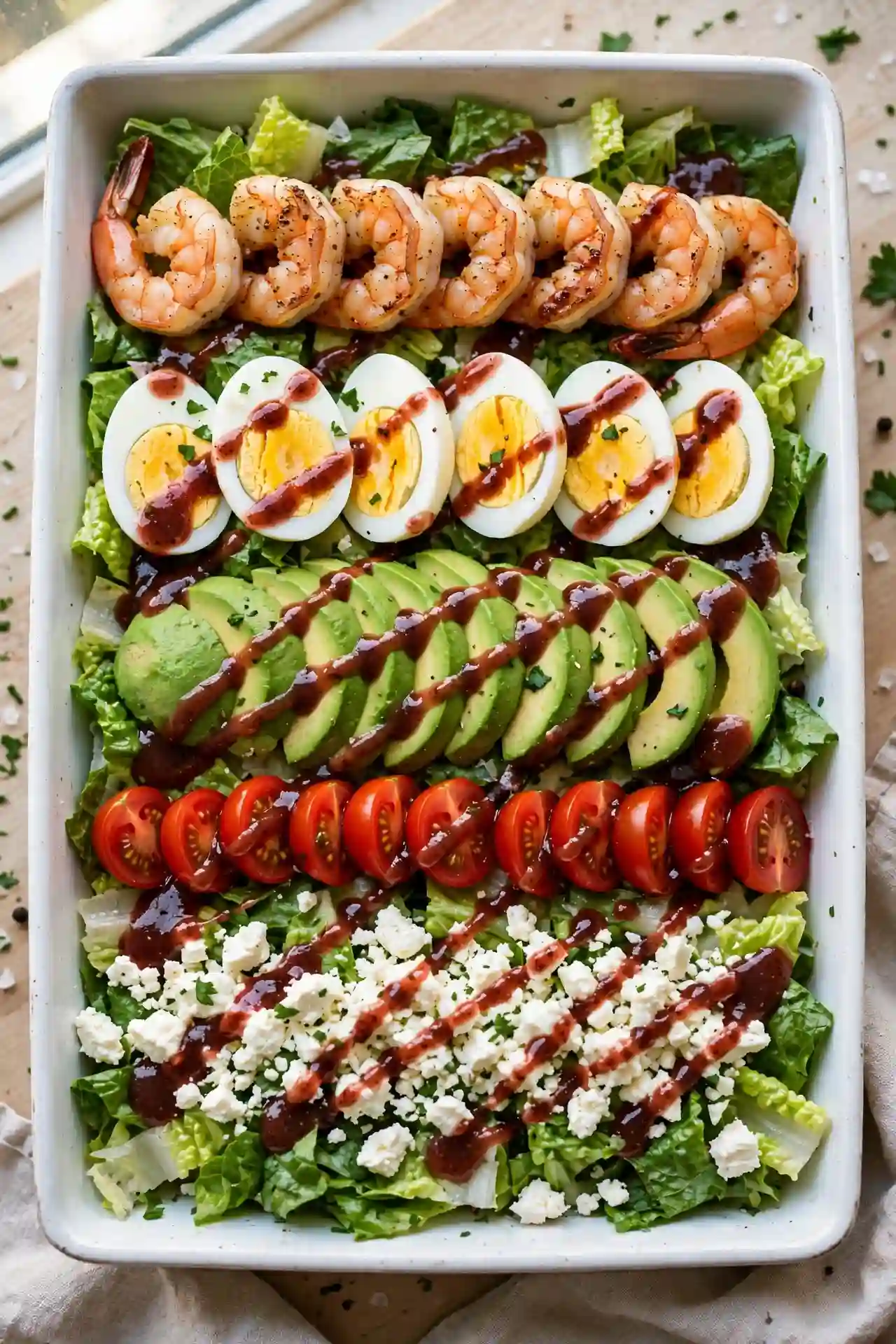Shrimp Cobb salad with neat rows of seared shrimp, eggs, avocado, and tomatoes on romaine — shrimp salad recipe