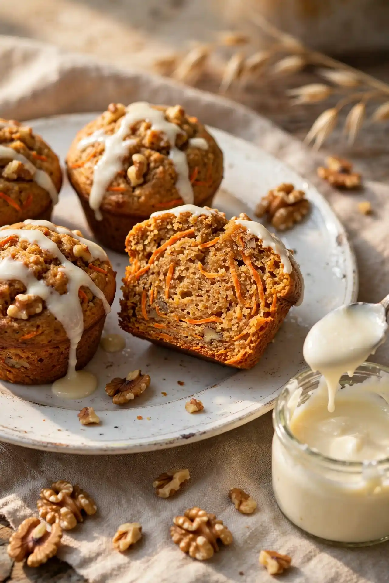 Carrot cake protein muffins with cream cheese glaze and walnuts — carrot cake protein muffins