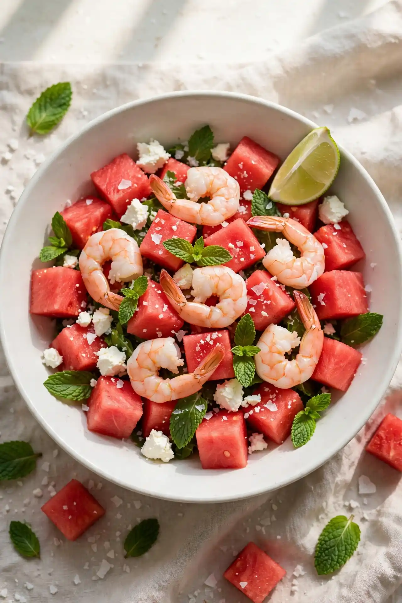 Shrimp and watermelon salad with mint and feta in a white bowl — refreshing shrimp salad recipe