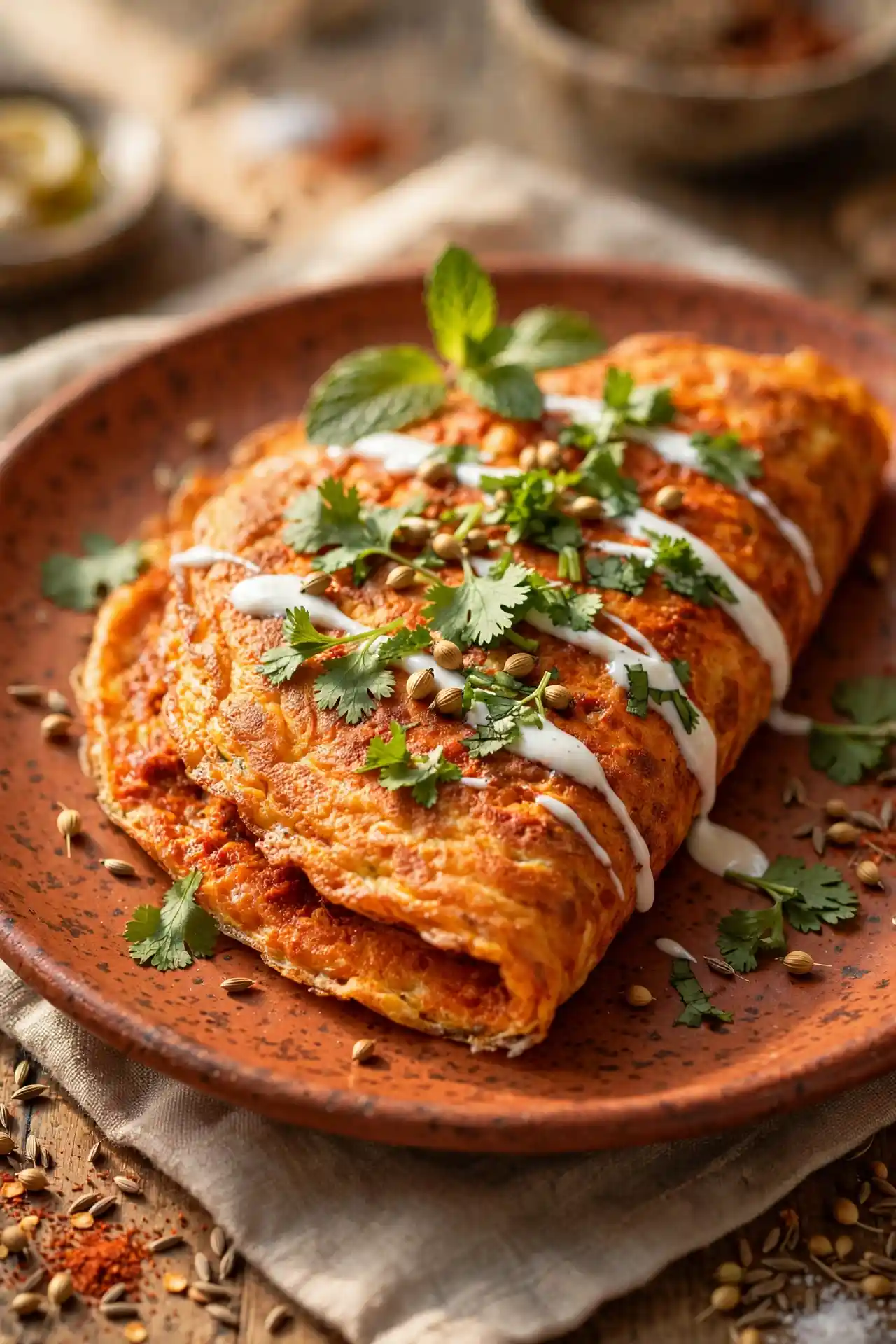 Harissa spiced omelette on a terracotta plate garnished with coriander and yogurt — North African omelette recipe