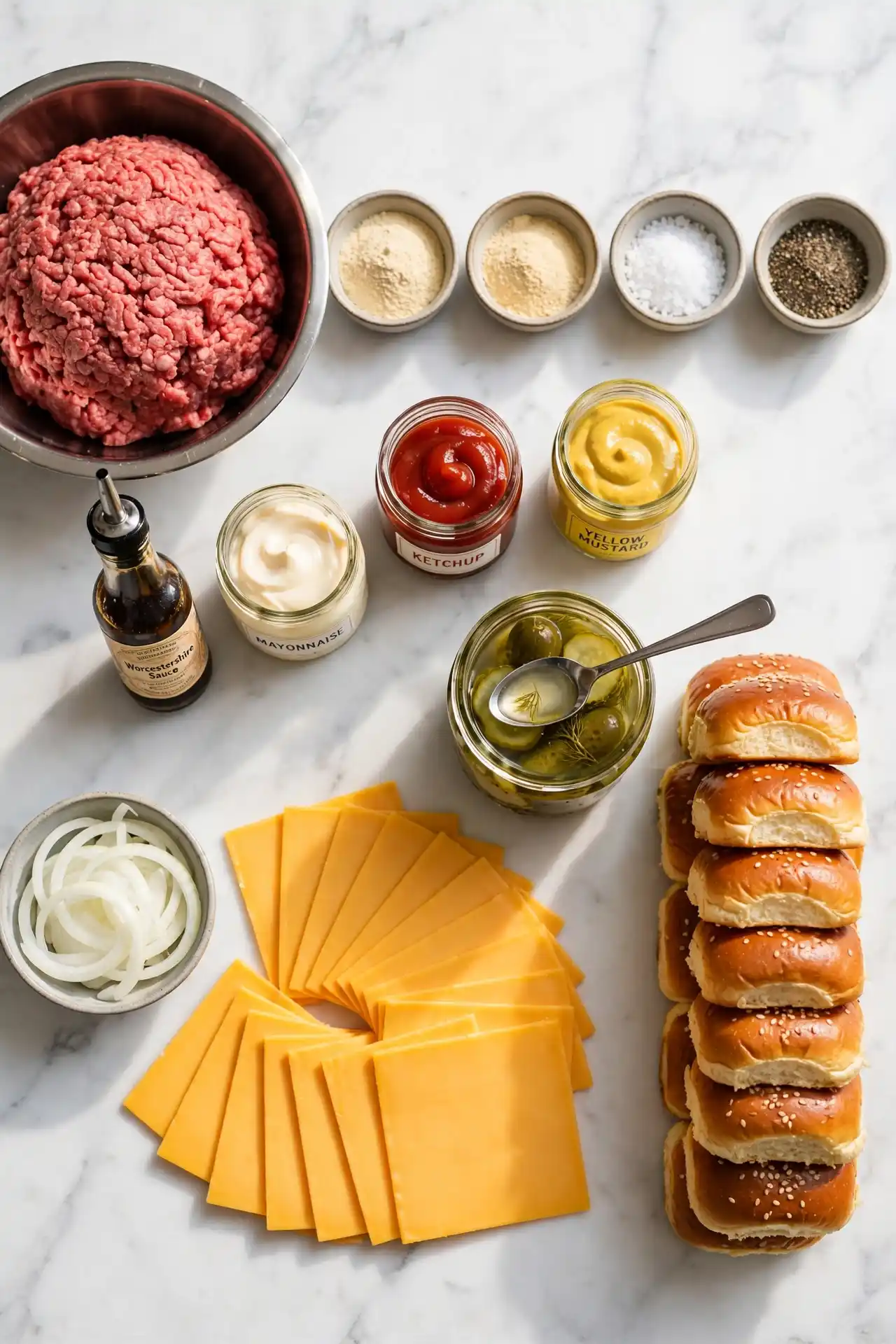 All ingredients for cheeseburger sliders laid out flat on white marble, including ground beef, American cheese, and brioche buns — cheeseburger sliders ingredients