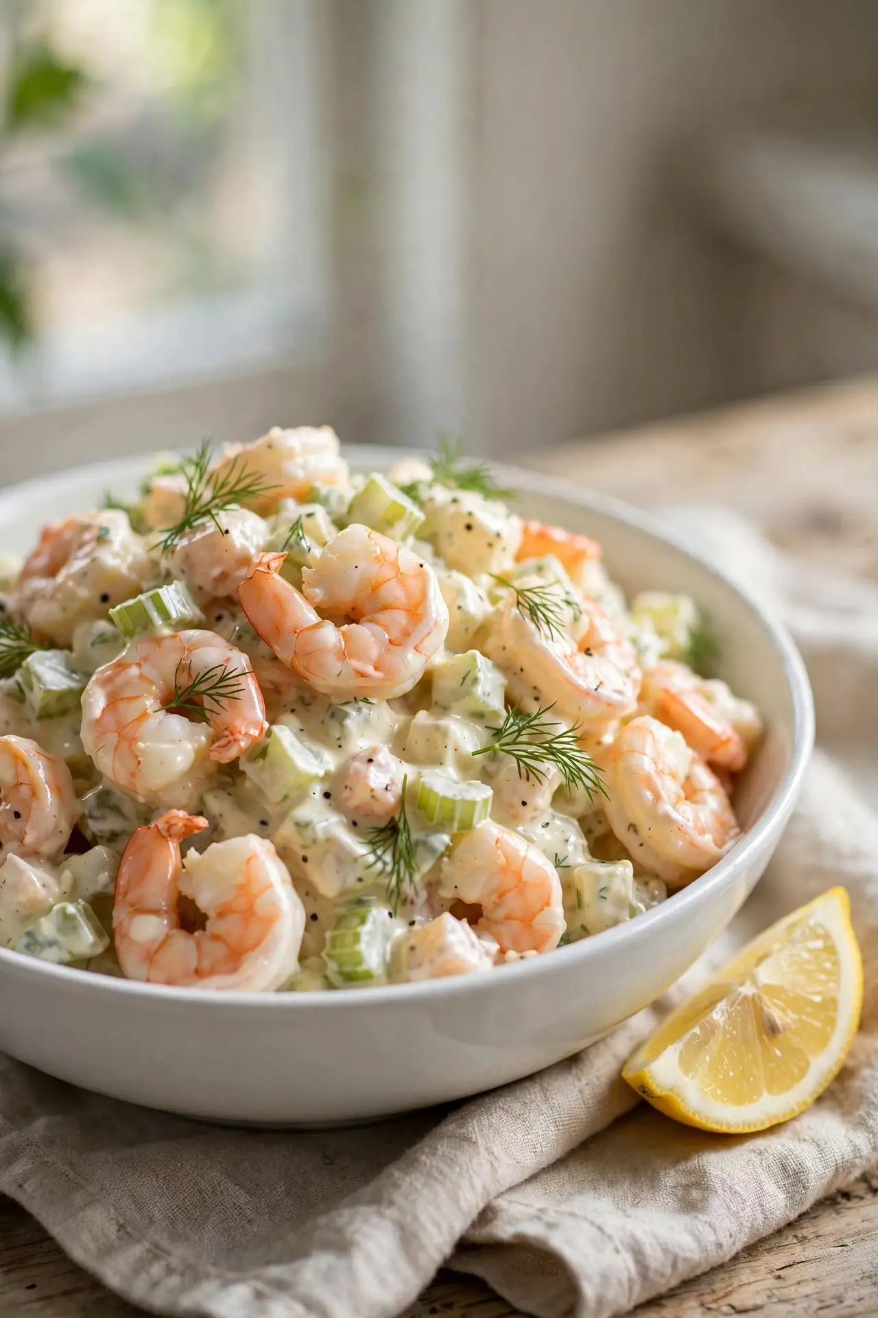 Classic mayo shrimp salad with celery and fresh dill in a white ceramic bowl — shrimp salad recipe