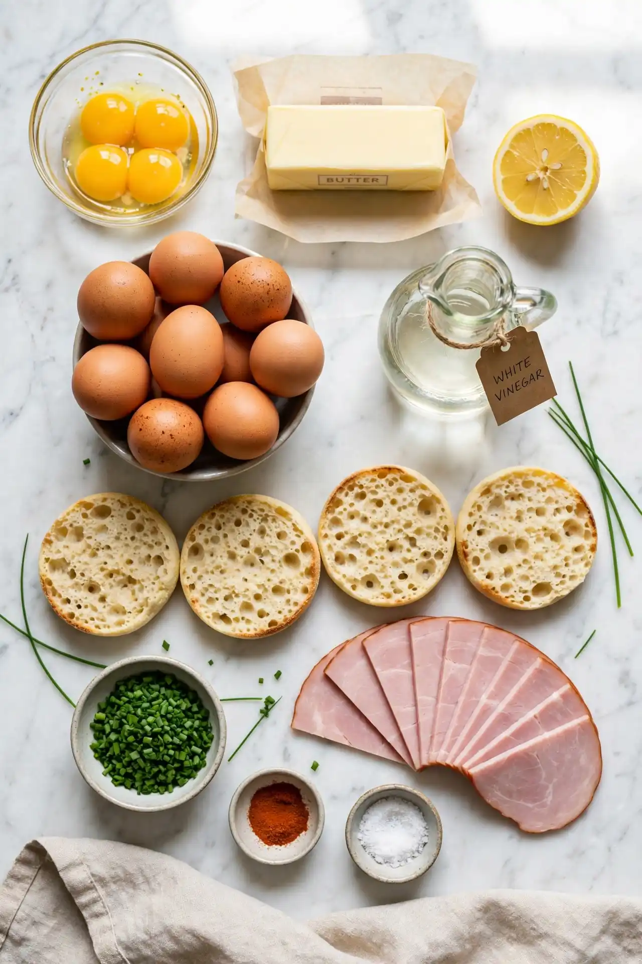 All ingredients for eggs benedict laid out flat on a white marble surface — eggs benedict recipe ingredients