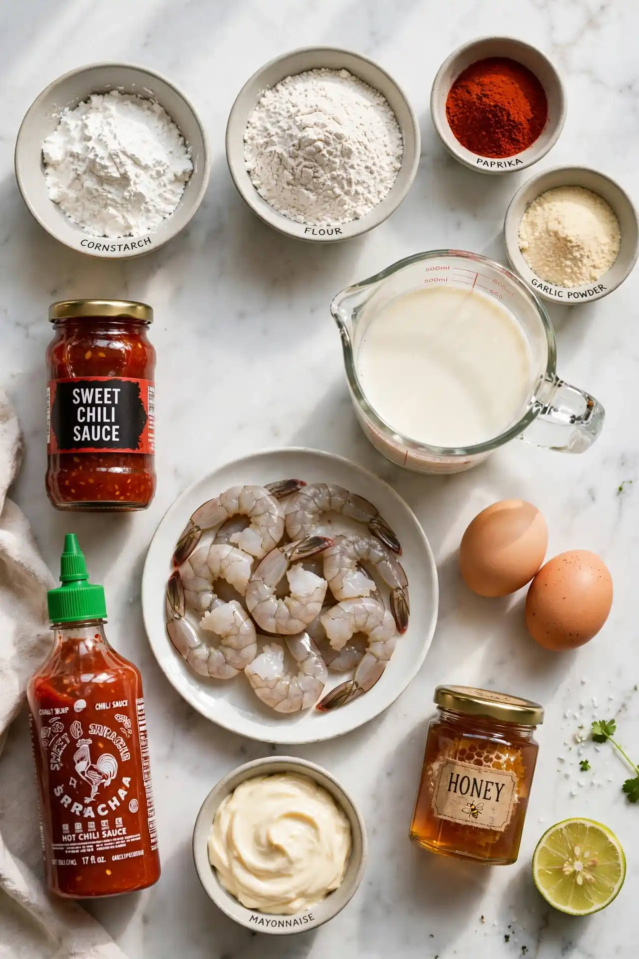 Overhead flat-lay of bang bang shrimp ingredients on white marble including raw shrimp, cornstarch, flour, sweet chili sauce, sriracha, mayonnaise, and spices — bang bang shrimp ingredients