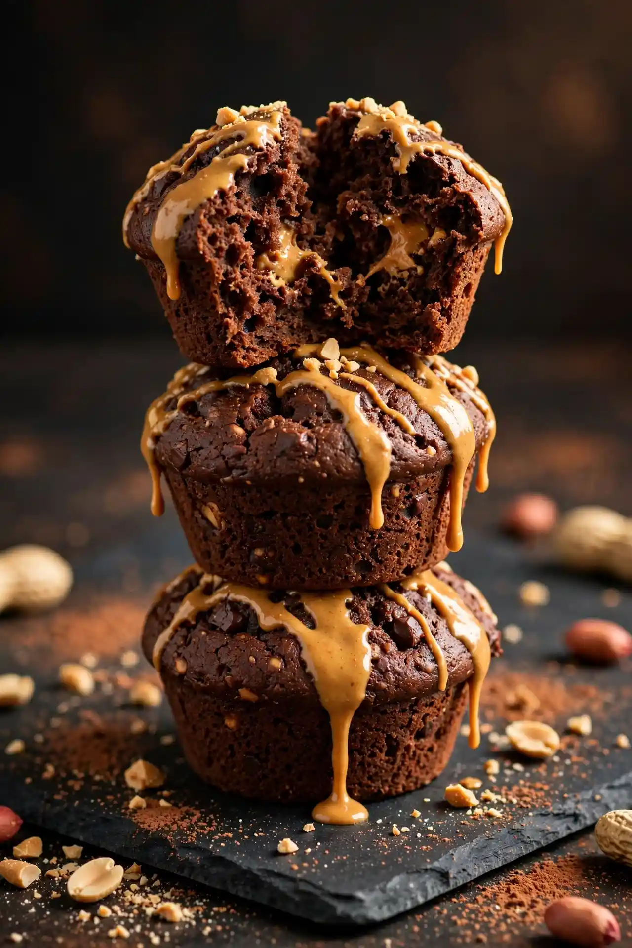 Stack of chocolate peanut butter protein muffins with peanut butter drizzle and chopped peanuts on dark slate — chocolate peanut butter protein muffins