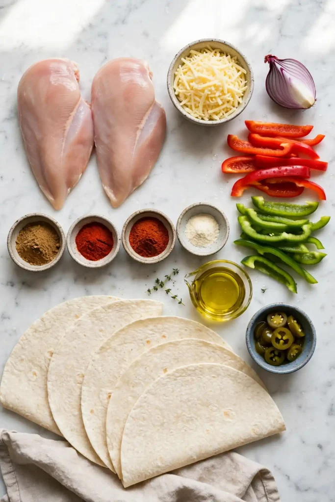 All ingredients for chicken quesadillas laid out flat on white marble including chicken, cheese, tortillas, and spices — chicken quesadillas ingredients