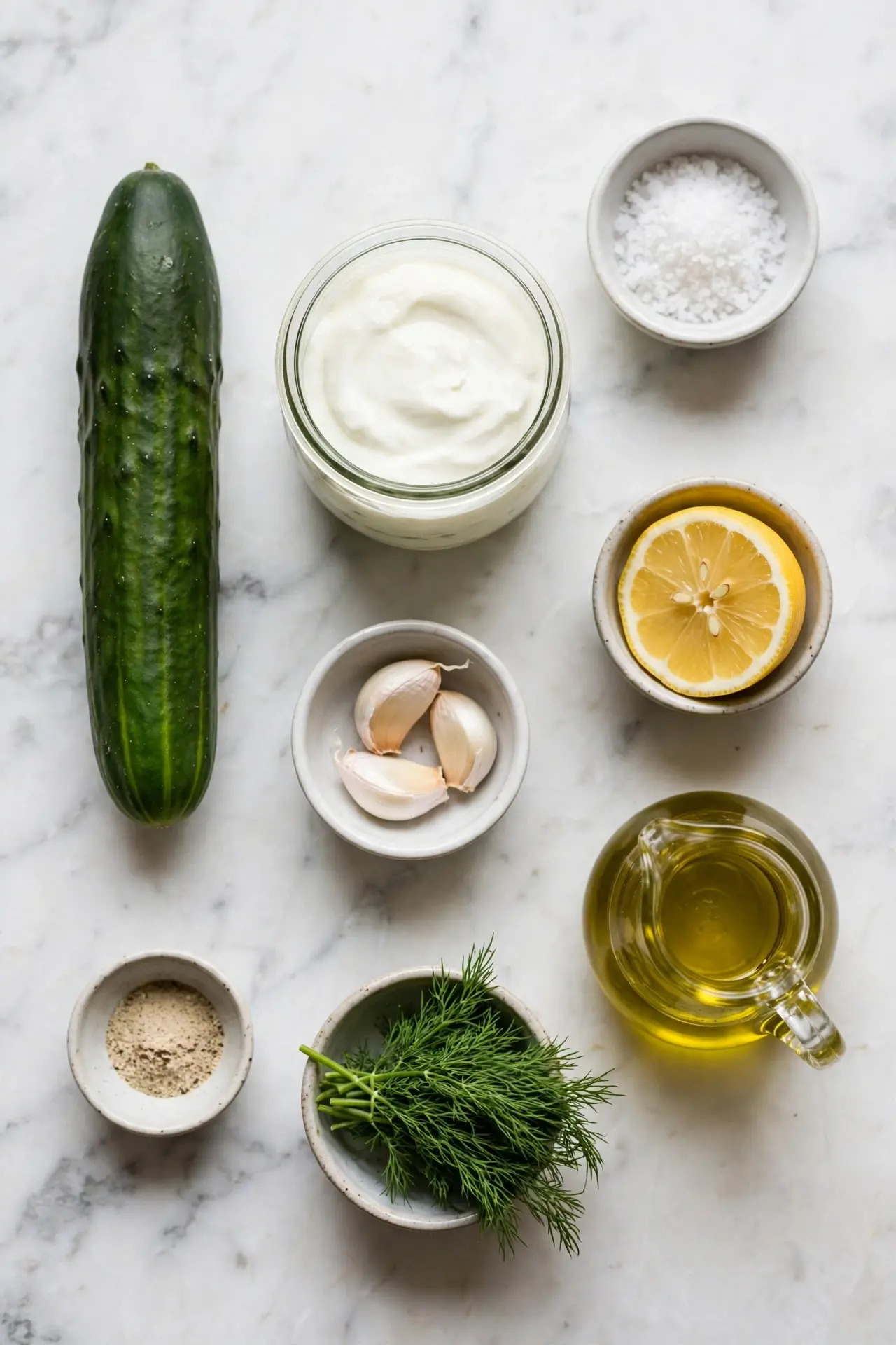 All ingredients for tzatziki sauce recipe laid out flat on white marble, including Greek yogurt, cucumber, garlic, fresh dill, and lemon