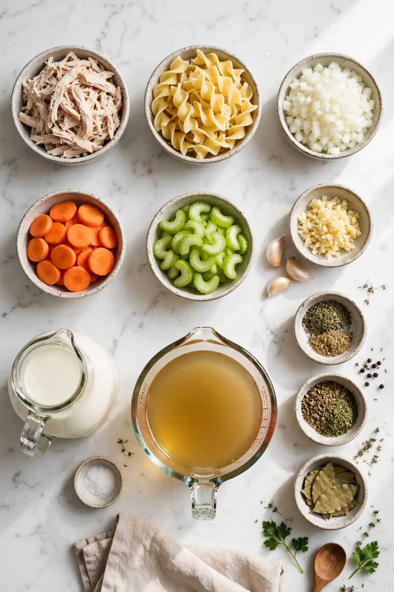 All ingredients for creamy chicken noodle soup laid out flat on a white marble surface -- creamy chicken noodle soup ingredients