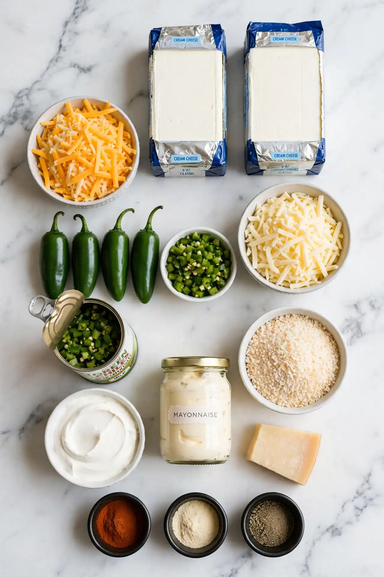 All ingredients for jalapeño popper dip laid out flat on a white marble surface — jalapeño popper dip ingredients