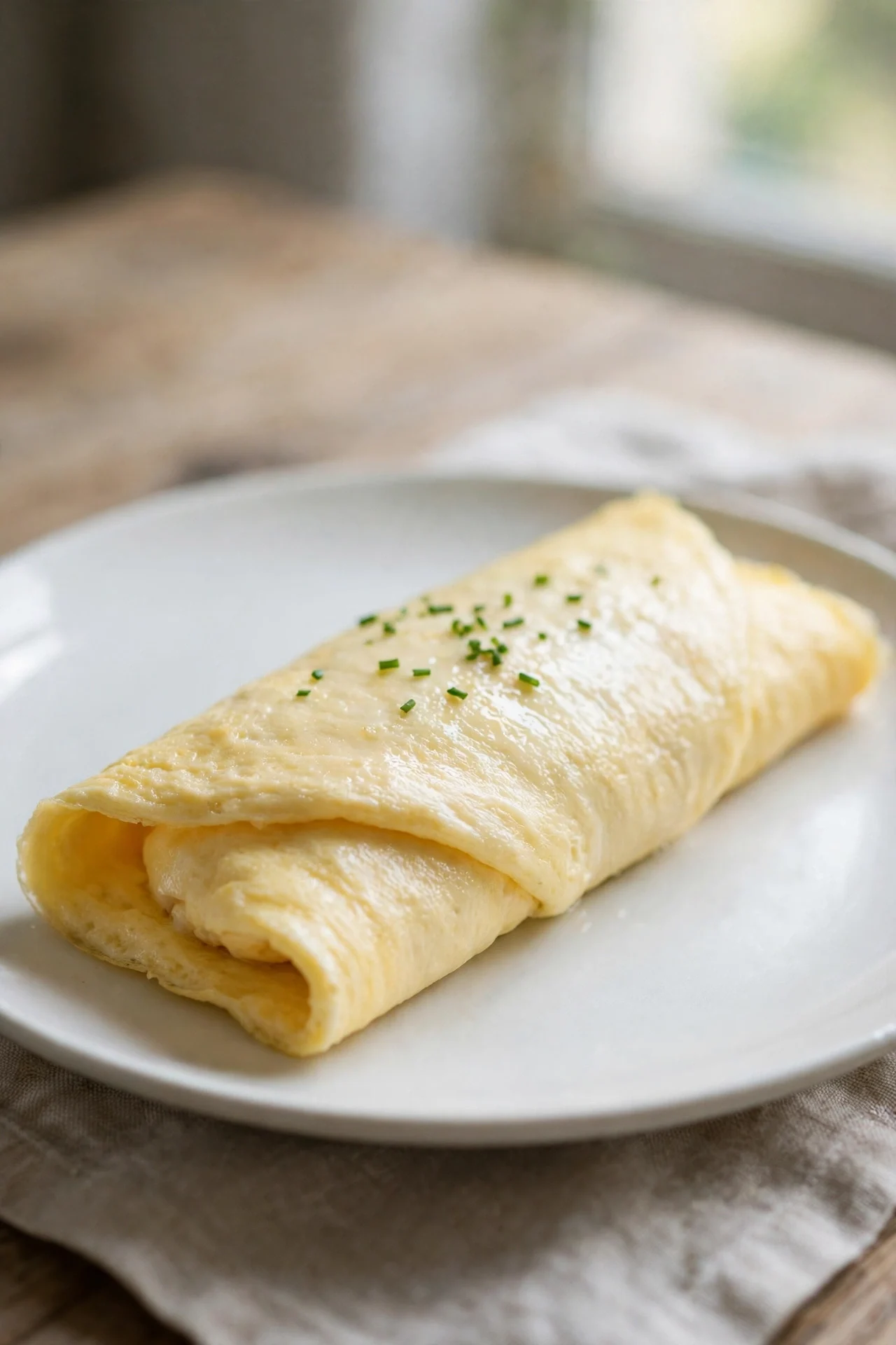 Classic French omelette folded on a white plate garnished with chives — French omelette recipe technique