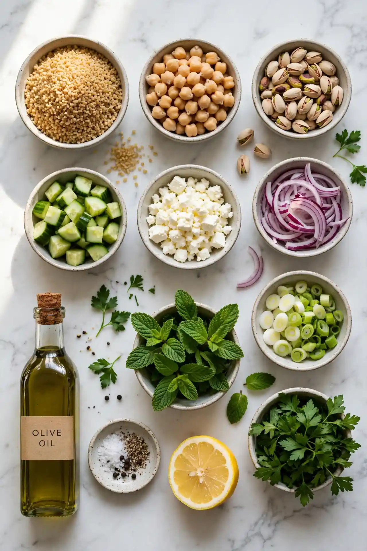 All ingredients for jennifer aniston salad laid out flat on white marble including bulgur, chickpeas, feta, and herbs — jennifer aniston salad ingredients