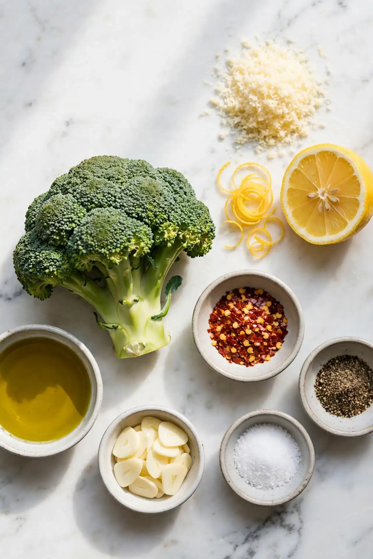 All ingredients for roasted broccoli laid out flat on a white marble surface — roasted broccoli ingredients