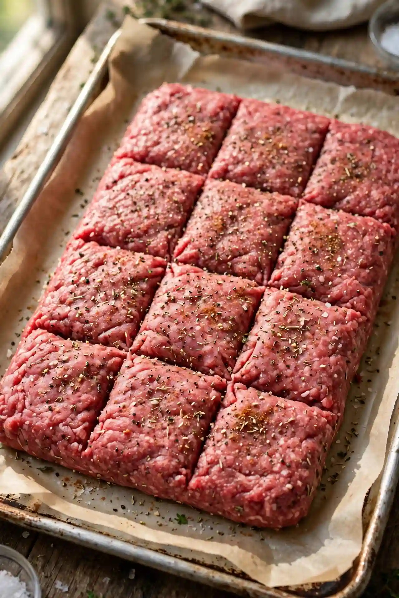 Seasoned ground beef pressed flat into a rectangle and scored into 12 equal portions on a baking sheet — step in making cheeseburger sliders