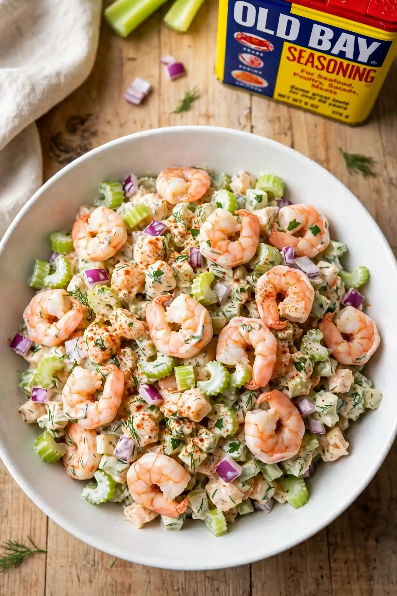 Old Bay shrimp salad with celery and red onion in a white bowl — easy shrimp salad recipe