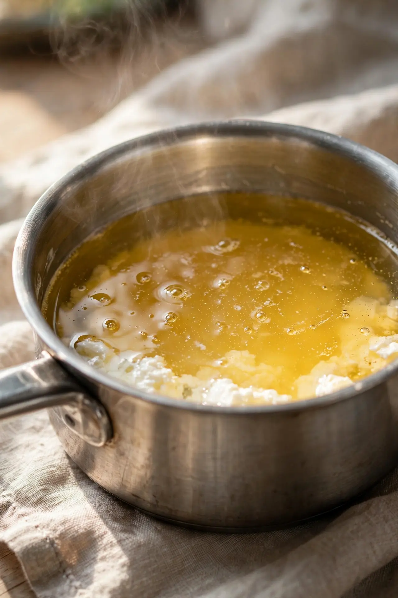 Butter clarifying in a saucepan, clear golden fat separating from milk solids — step in making eggs benedict recipe