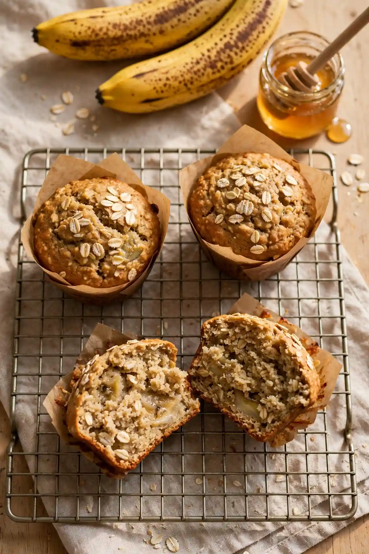 Banana oat protein muffins cooling on a wire rack with ripe bananas and honey in the background — banana oat protein muffins