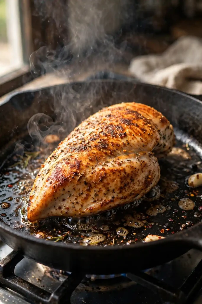Seasoned chicken breast forming a golden-brown crust in a cast iron skillet — early step in making chicken quesadillas