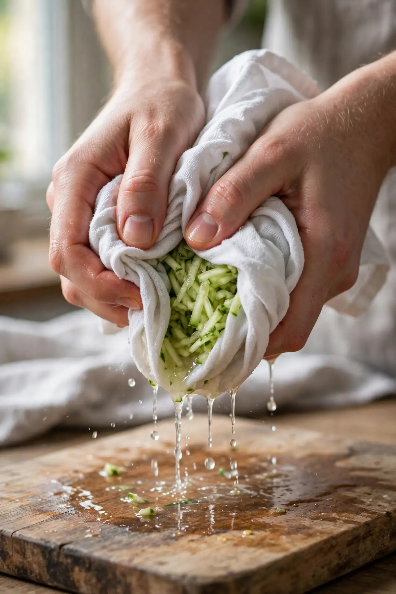 Grated cucumber being squeezed dry in a kitchen towel, a key step in making tzatziki sauce recipe