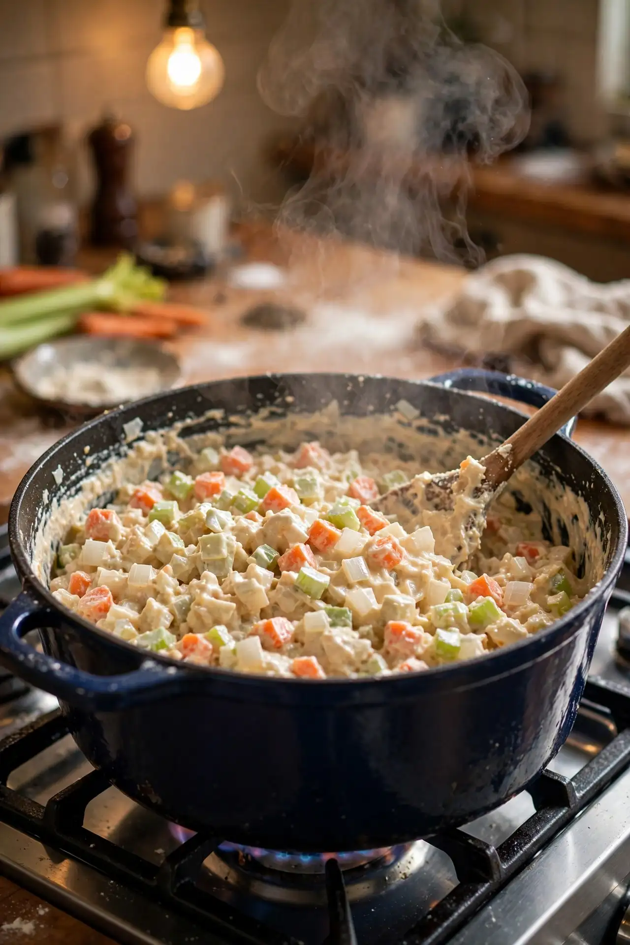 Flour being stirred into softened vegetables in a Dutch oven -- step in making creamy chicken noodle soup