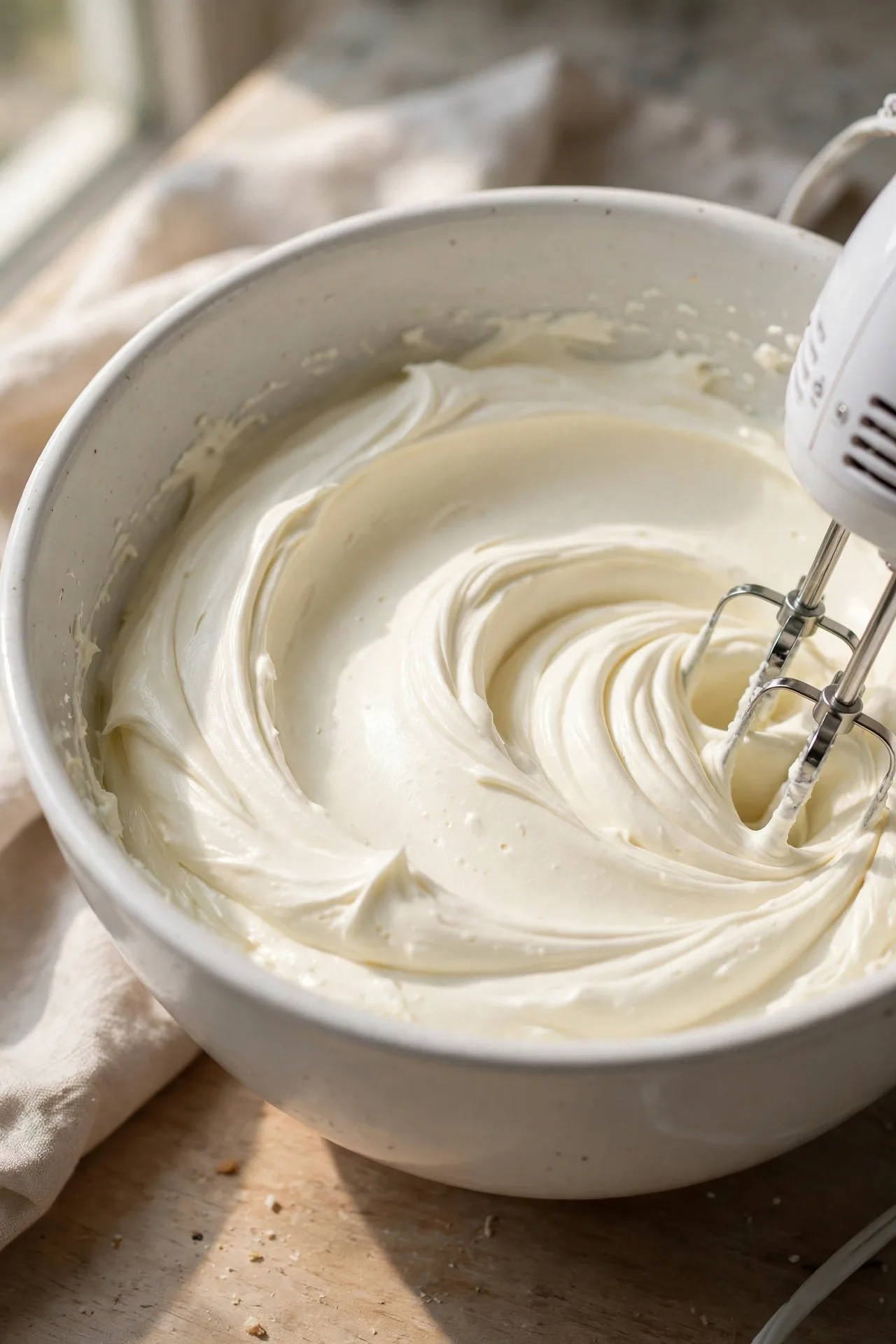 Cream cheese beaten smooth in a large mixing bowl — early step in making jalapeño popper dip