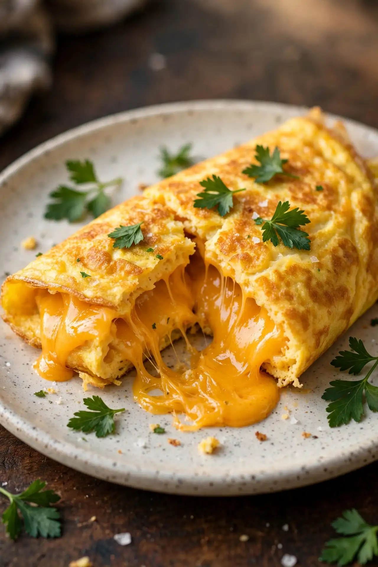 Cheese omelette cut open with melted cheddar inside on a ceramic plate — easy cheese omelette recipe