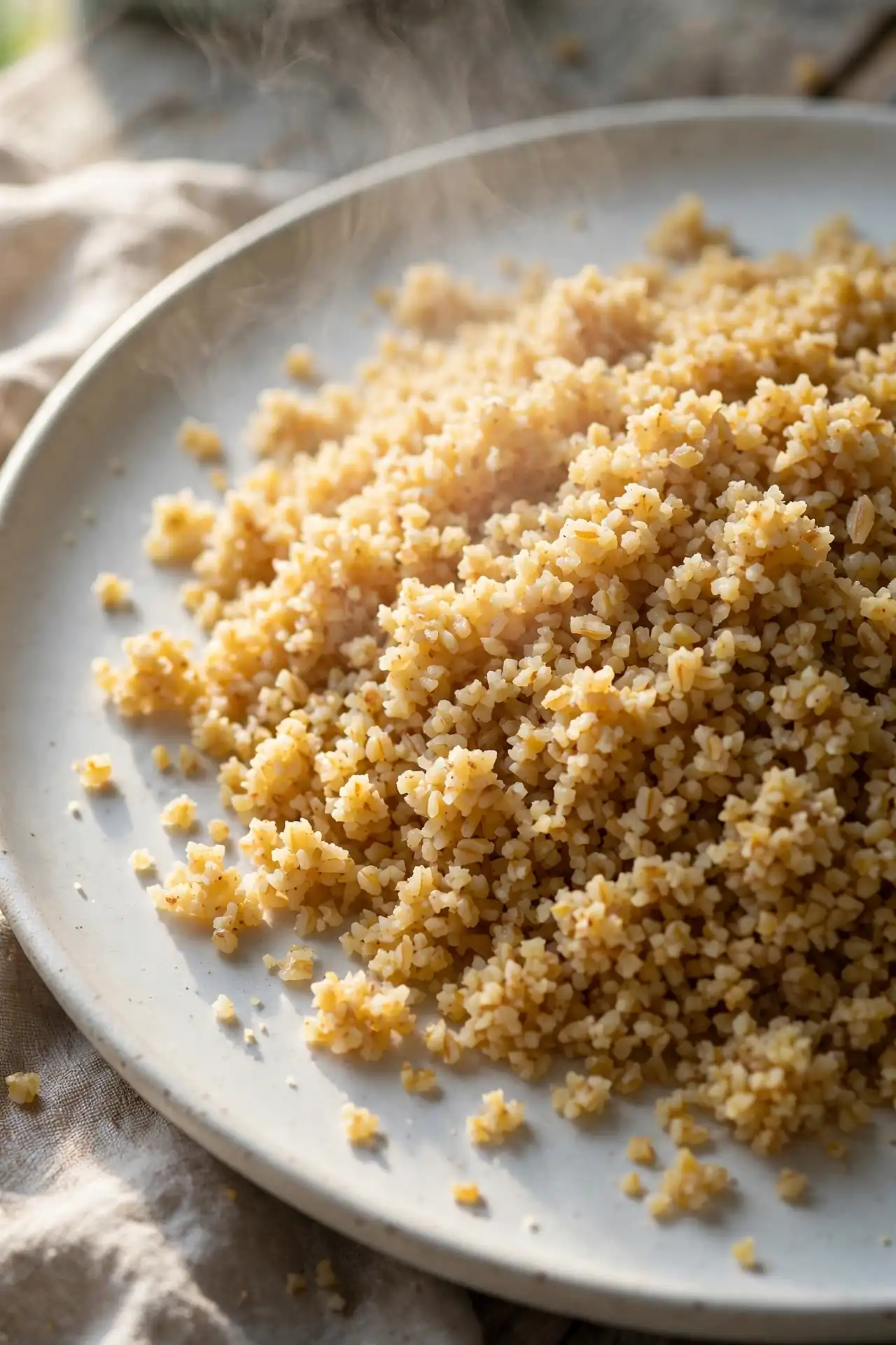 Cooked bulgur wheat cooling on a white plate, grains fluffed and separated — step in making jennifer aniston salad