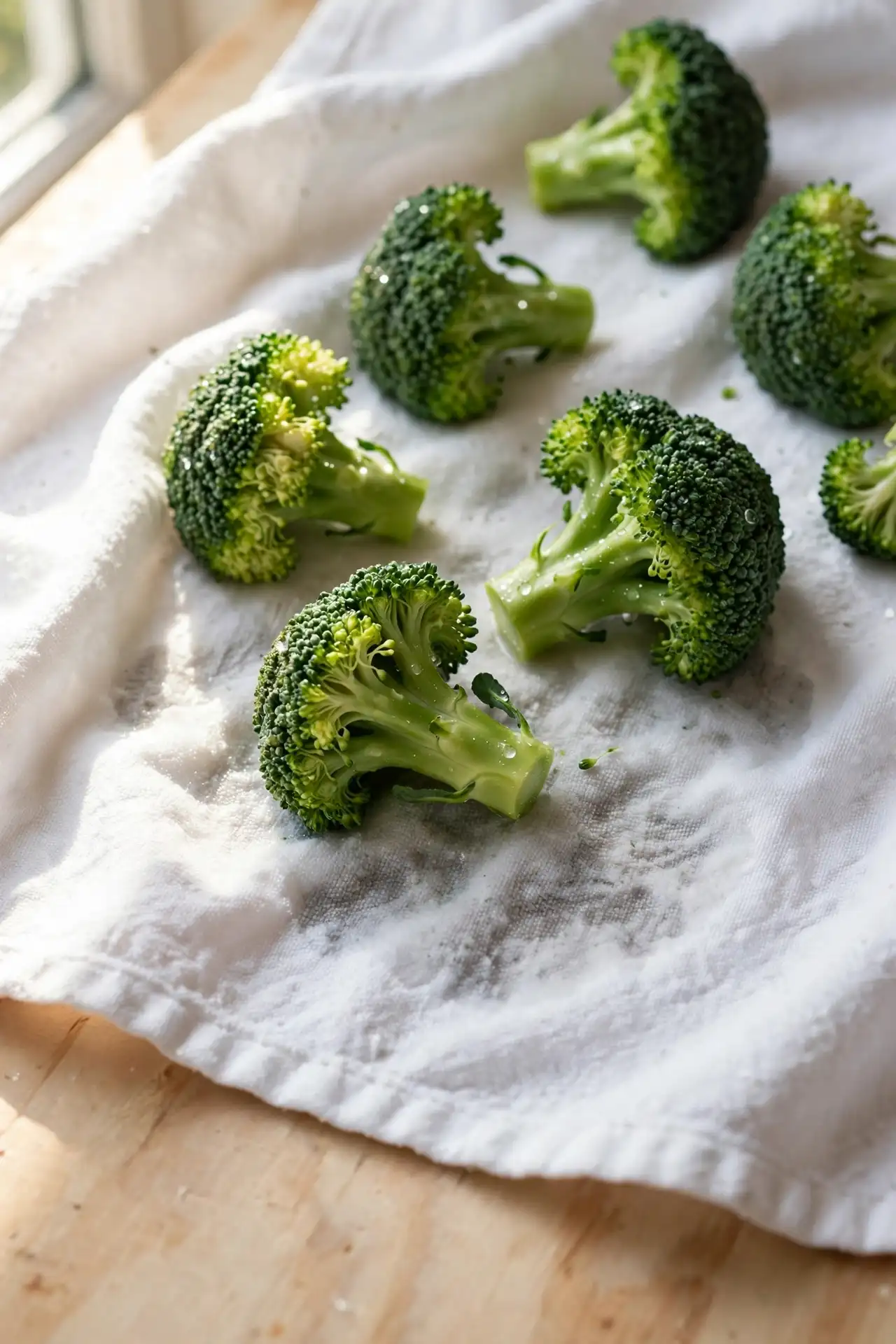 Broccoli florets being patted dry with a kitchen towel, early prep step in making roasted broccoli