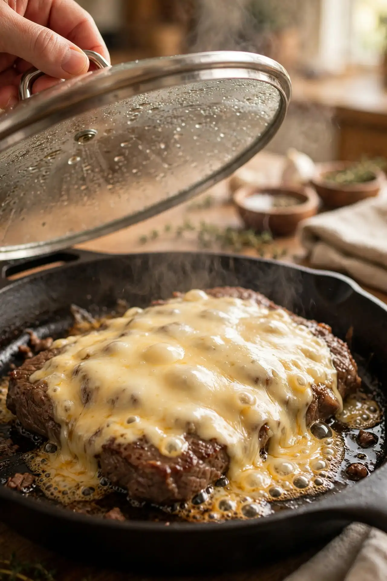 American cheese melting evenly over a cooked beef sheet in a cast iron skillet — step in making cheeseburger sliders