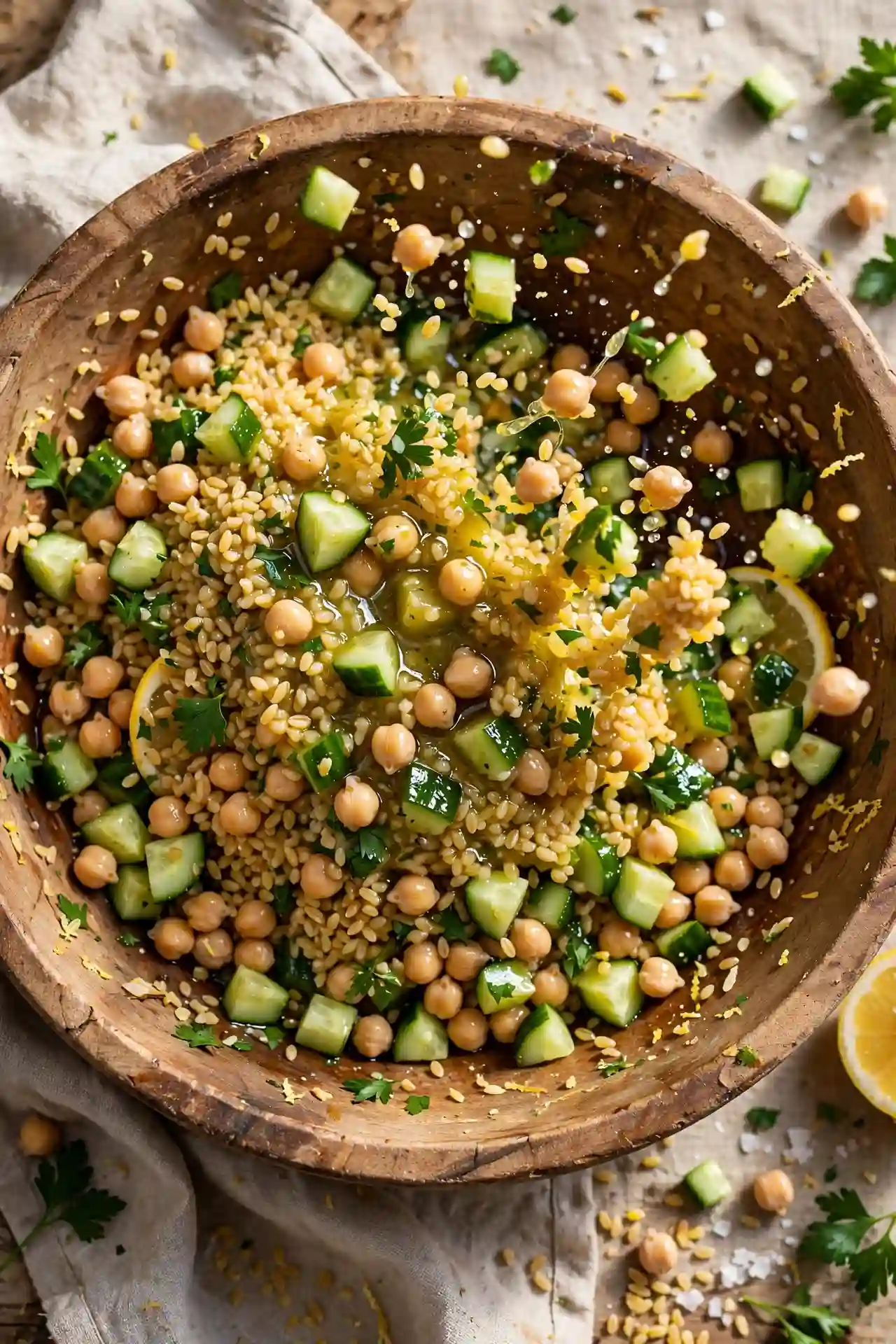 Bulgur, chickpeas, and cucumber being combined in a large bowl — step in making jennifer aniston salad