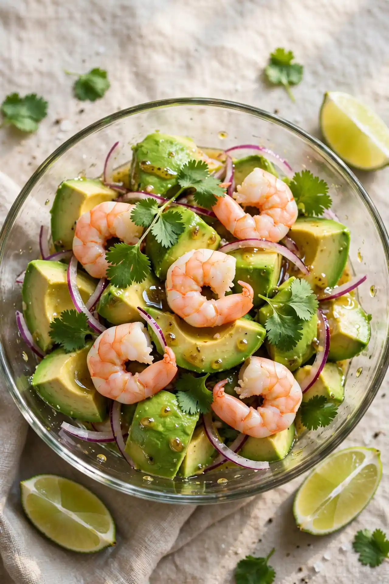 Shrimp avocado salad with lime dressing and cilantro in a glass bowl — healthy shrimp salad recipe