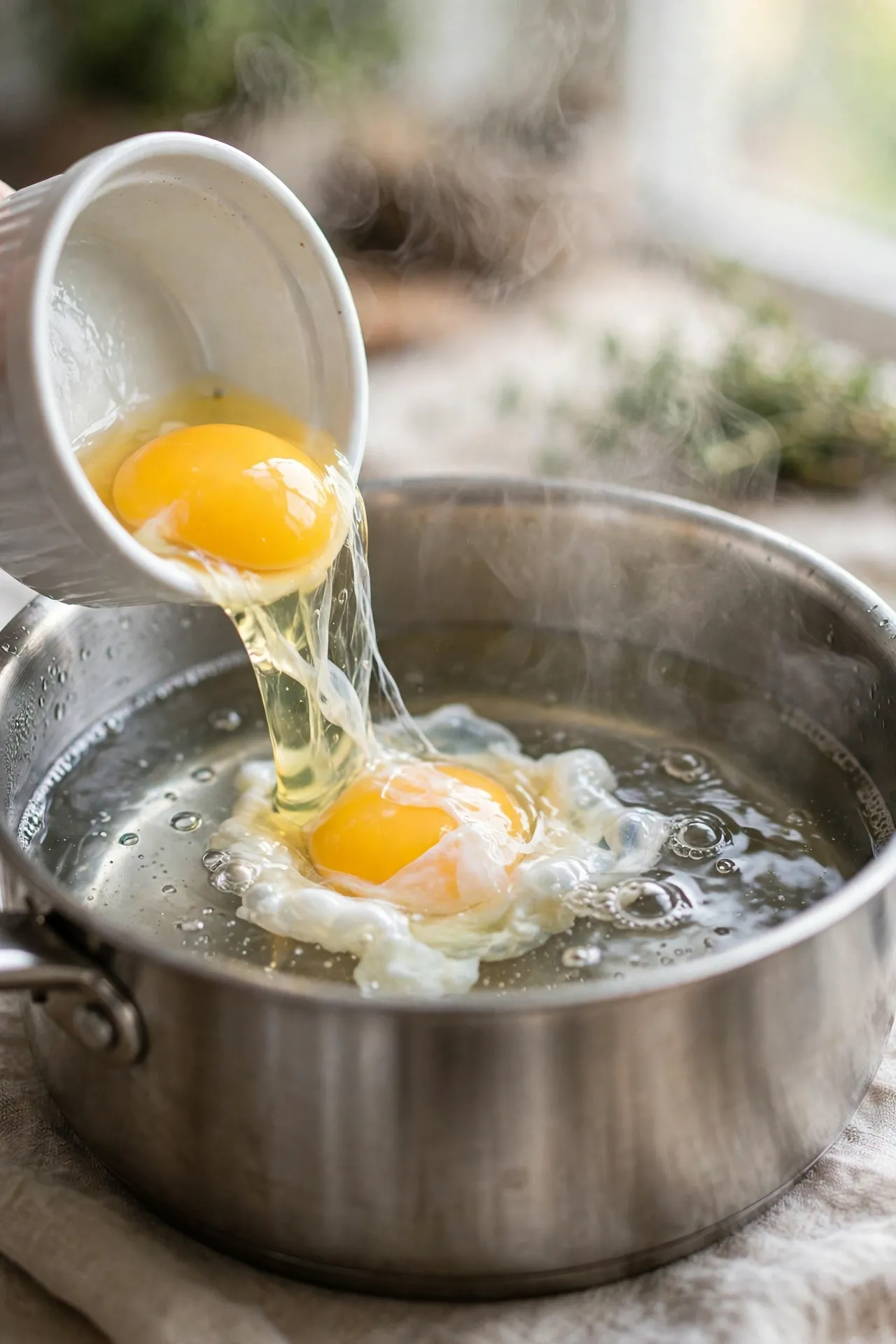 Egg sliding from a ramekin into simmering vinegar water, white beginning to set — step in making eggs benedict recipe