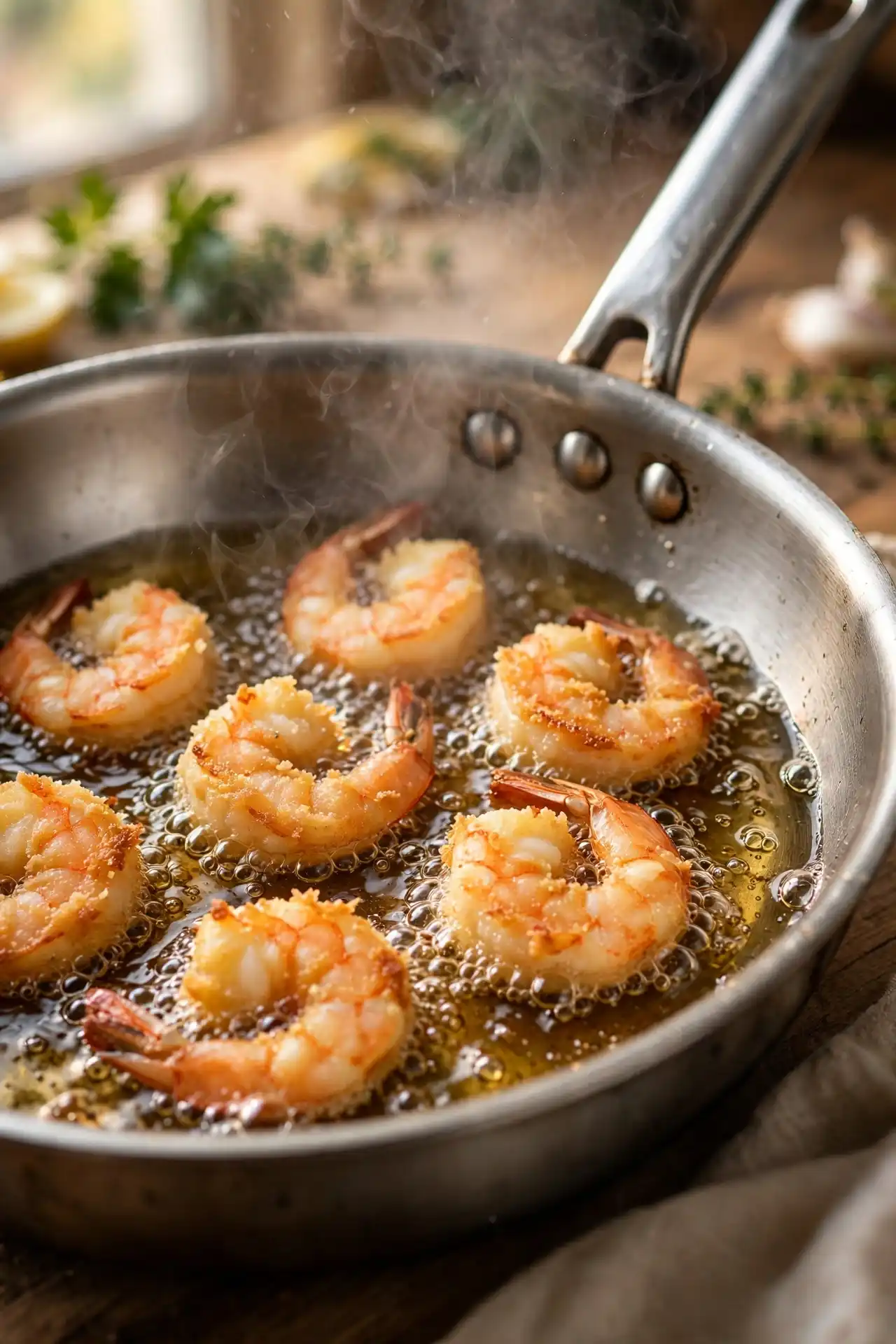 Breaded shrimp frying in bubbling hot oil in a stainless skillet, turning golden brown — frying step for bang bang shrimp