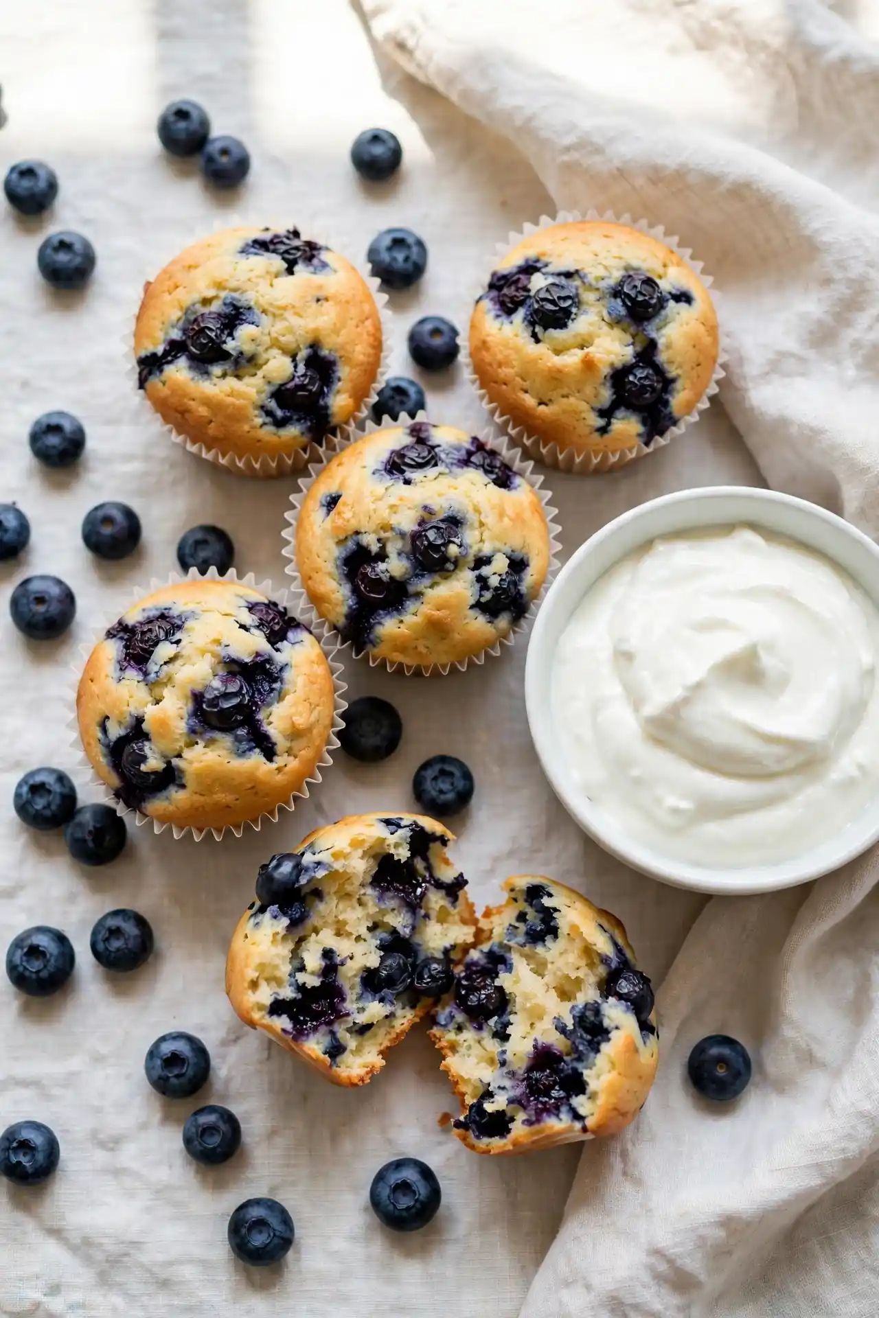 Blueberry protein muffins with fresh blueberries and a bowl of Greek yogurt on white linen — blueberry protein muffins