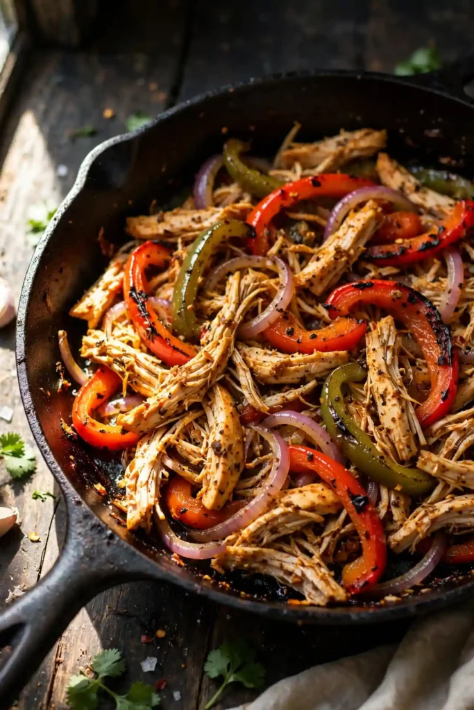 Shredded chicken filling combined with bell peppers and onion in a skillet — midpoint step for chicken quesadillas