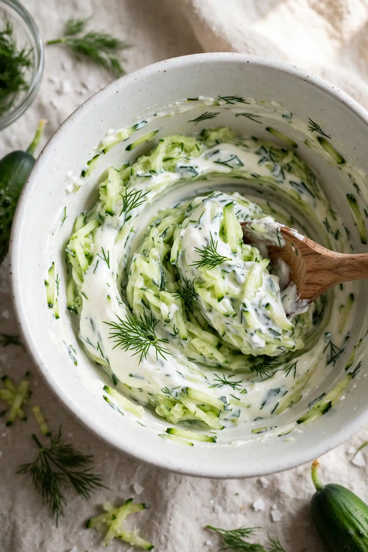 Yogurt, cucumber, and fresh dill being folded together in a bowl, midpoint in making tzatziki sauce