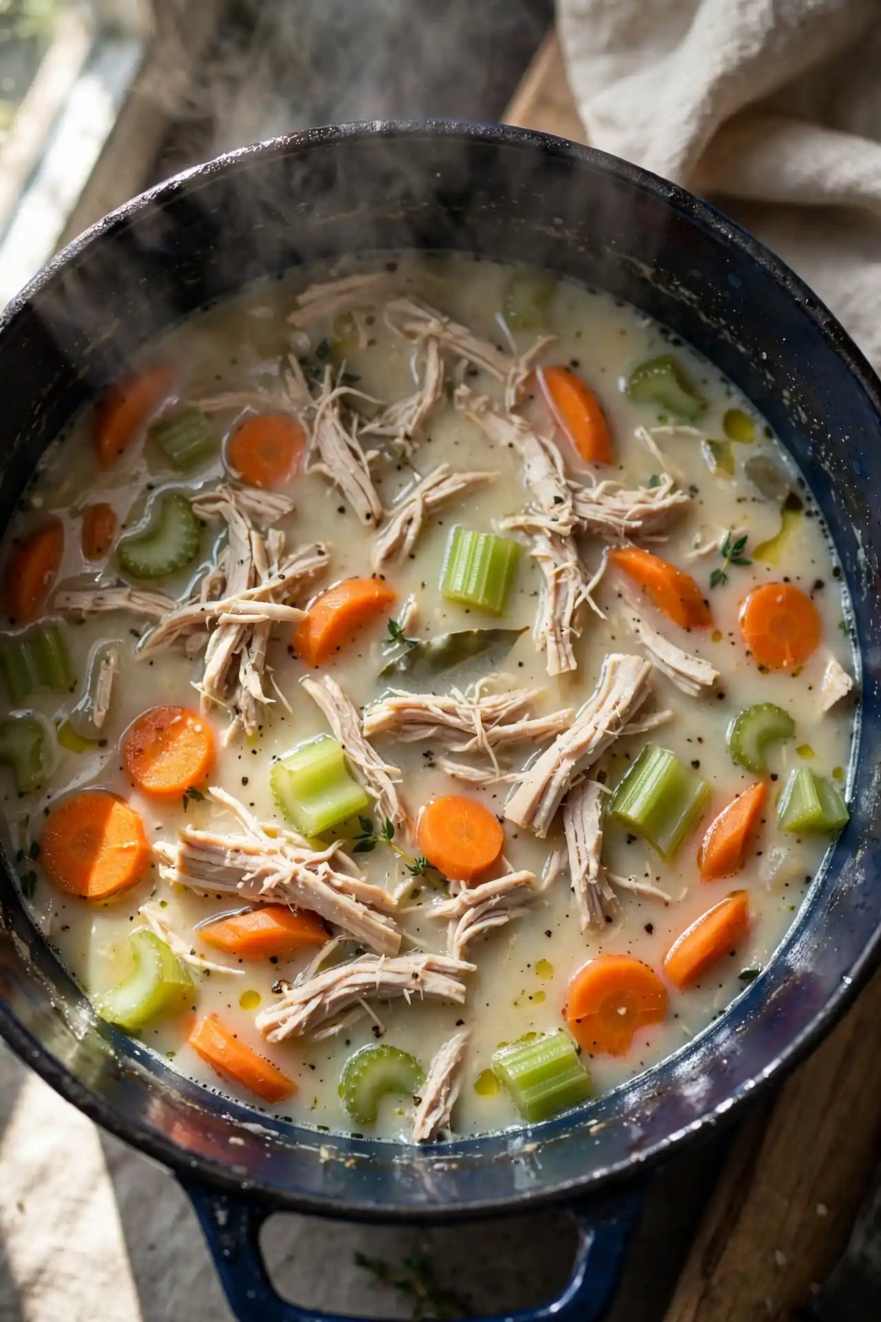 Shredded chicken added to thickened broth in a Dutch oven -- midpoint step in making creamy chicken noodle soup