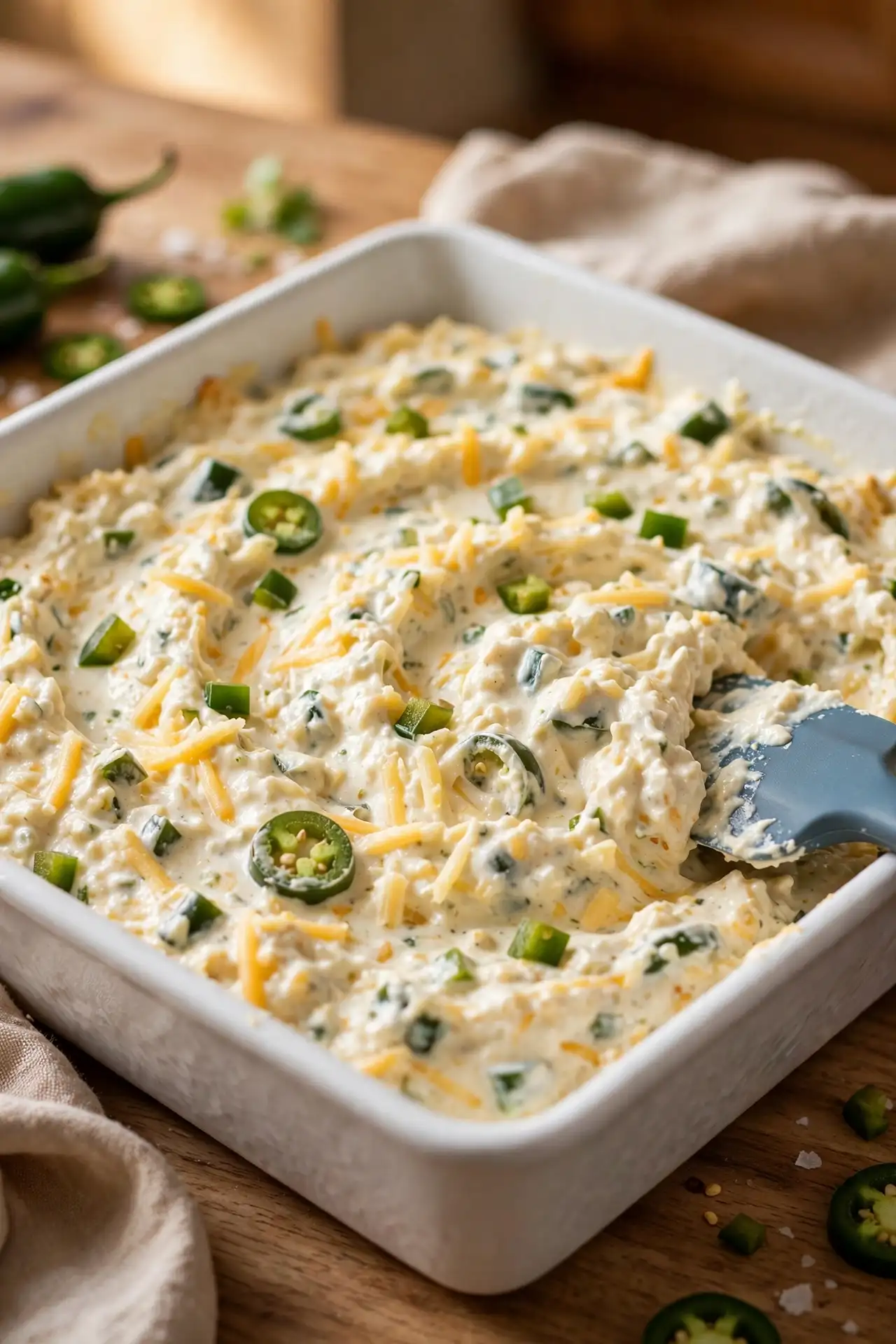 Jalapeño dip base spread evenly in a baking dish before the panko topping is added — midpoint step in jalapeño popper dip