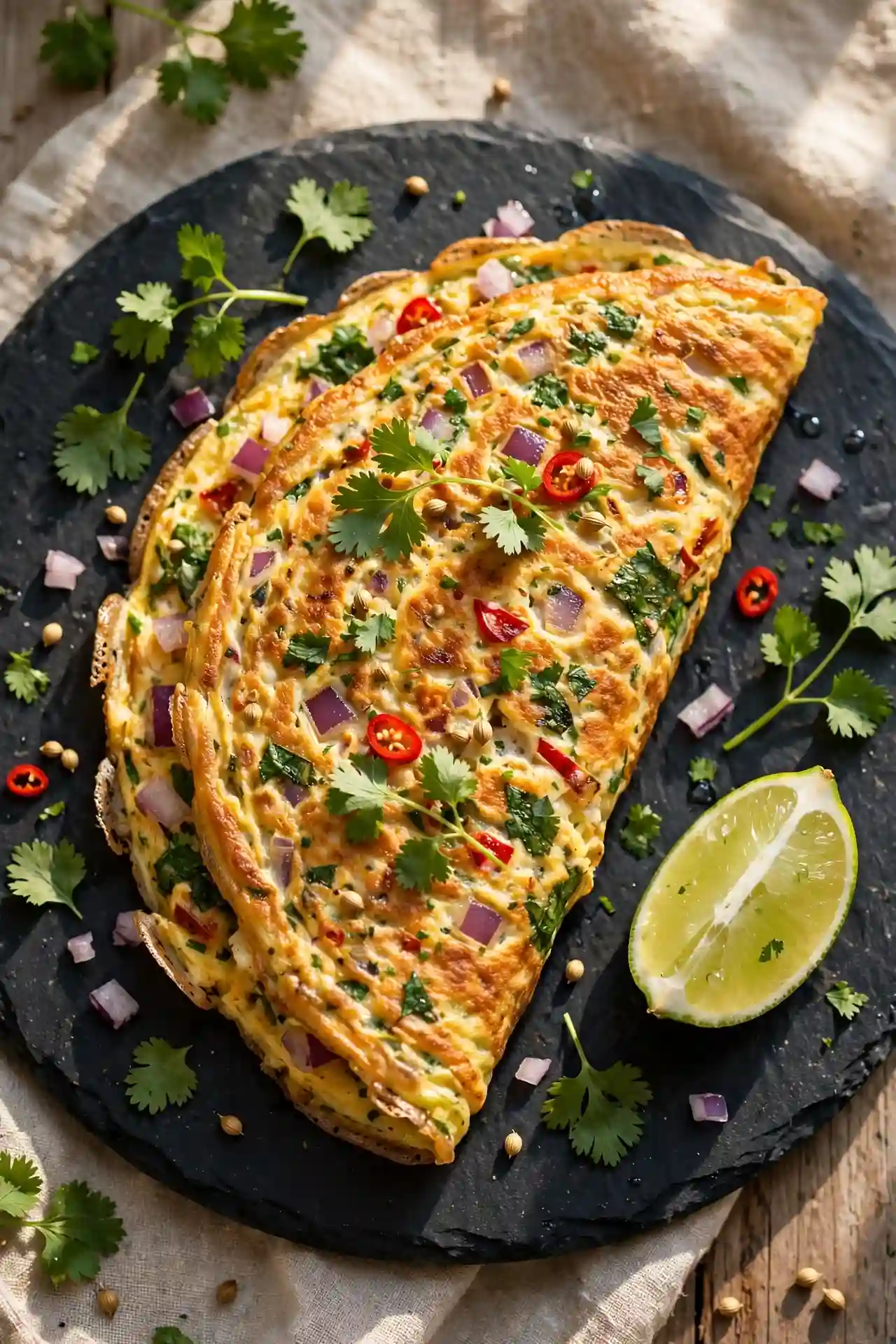 Masala omelette with green chili and coriander on a dark plate — South Asian spiced omelette recipe