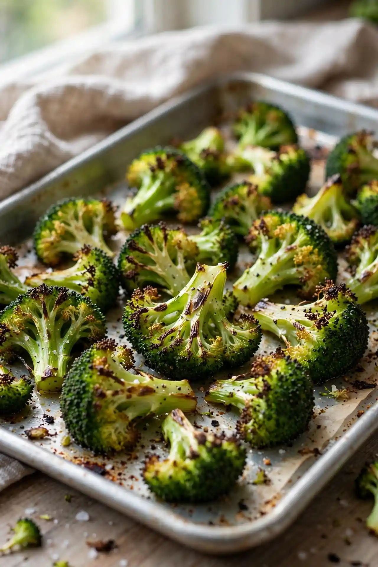 Roasted broccoli florets on a baking sheet partway through roasting, showing caramelized edges, step in making roasted broccoli